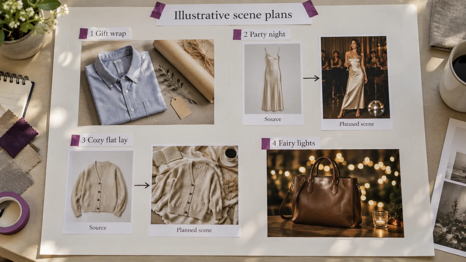 Holiday photography planning board with gift wrap, party dress, cozy cardigan and fairy-light bag concepts.