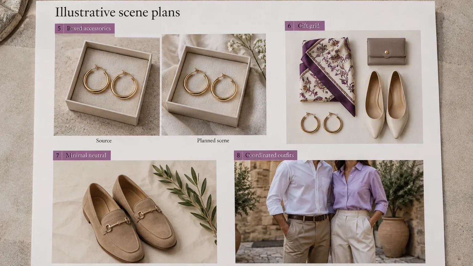 Planning board with boxed gold hoops, a fashion gift grid, neutral loafers and two adults in coordinated shirts.