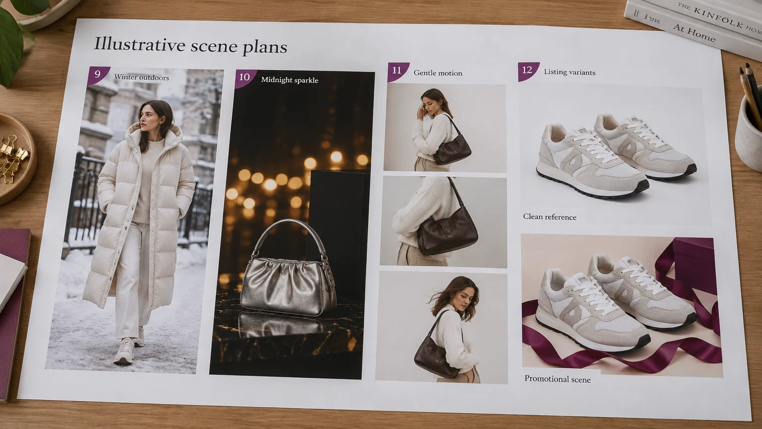 Holiday photography planning board with winter outerwear, a metallic bag, shoulder-bag poses and trainer listing variants.