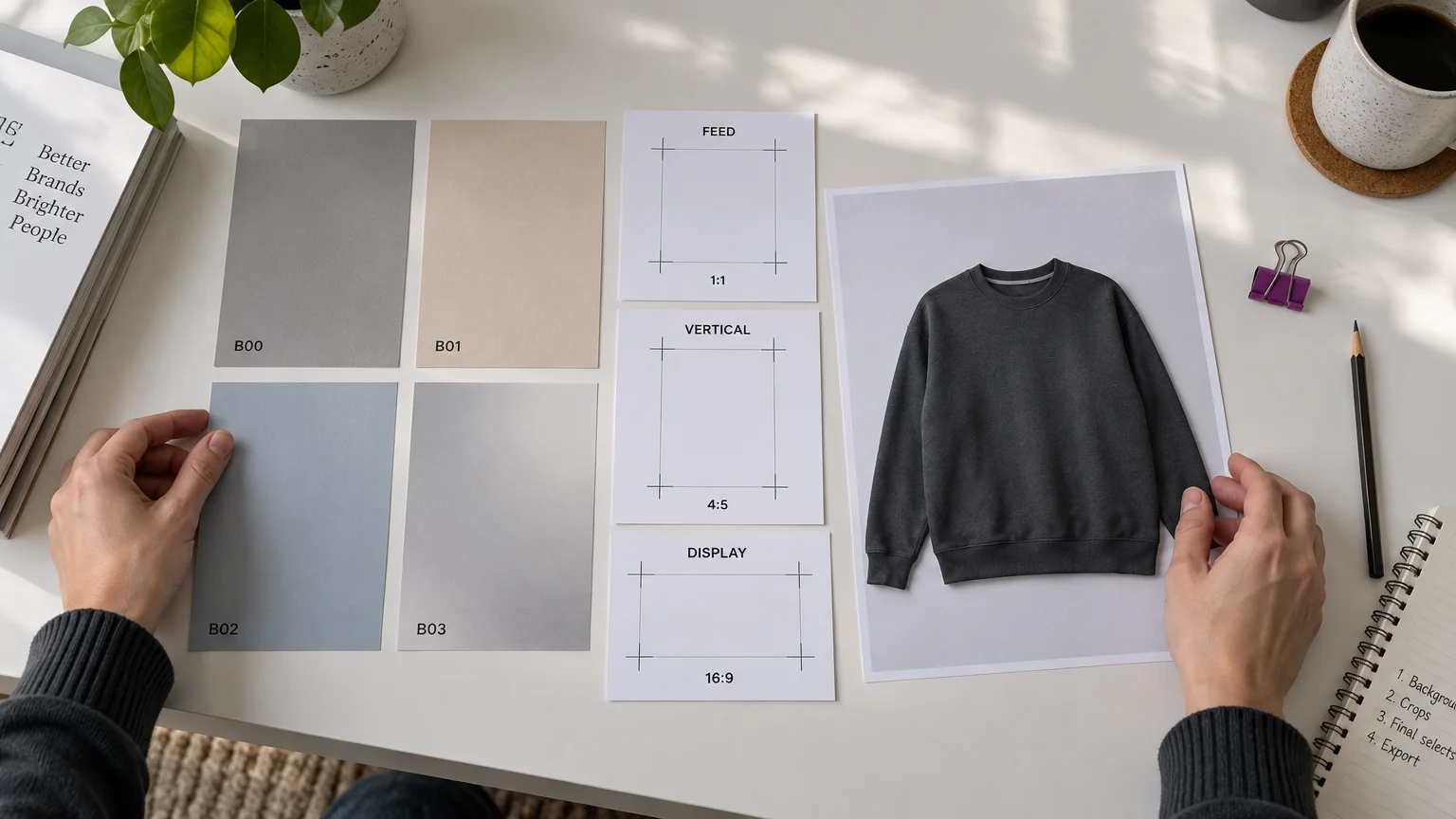 Hands arrange background cards, ad crop guides, and a charcoal sweatshirt photo on a sunlit desk.