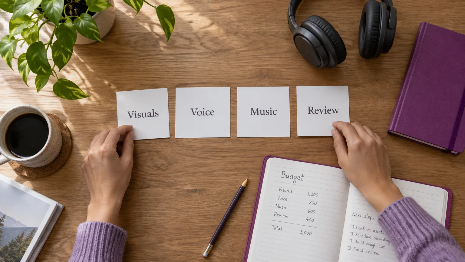 Hands arranging Visuals, Voice, Music and Review cards beside headphones and an open budgeting notebook on a wooden desk.