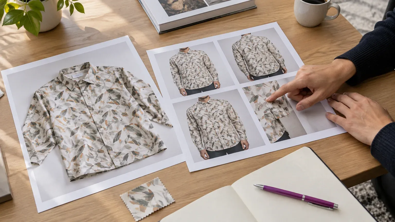 Hands comparing printed frames of a patterned shirt with a reference product photo and matching fabric swatch.