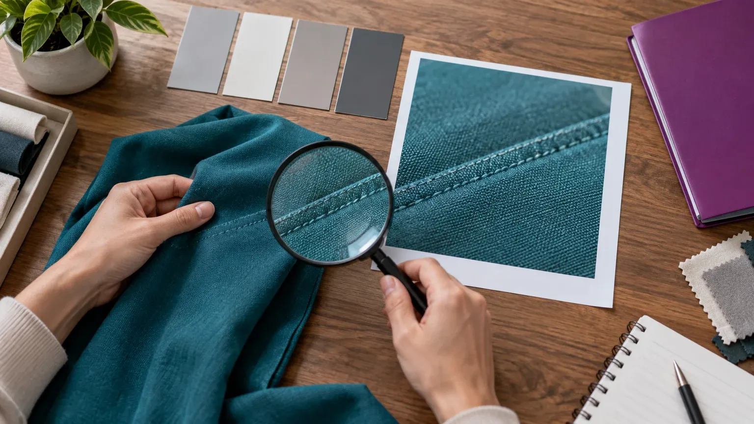 Hands use a magnifying glass to inspect teal fabric stitching beside a printed close-up and neutral color swatches.