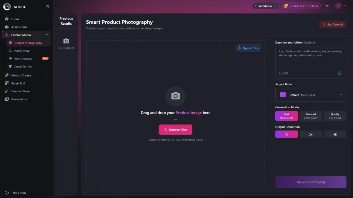 CamClo Smart Product Photography interface with upload, prompt, generation modes, 1K–4K resolution and credit cost.