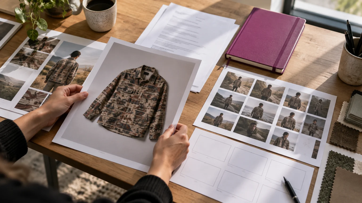 Hands arranging an overshirt reference photo beside campaign contact sheets, script pages and blank storyboards.
