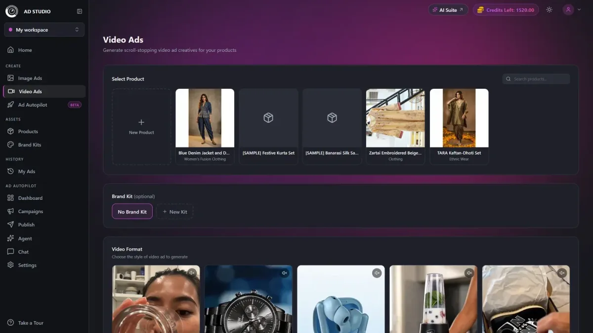 CamClo AI Video Ads workspace with fashion product selection, optional brand kit, and video format previews.