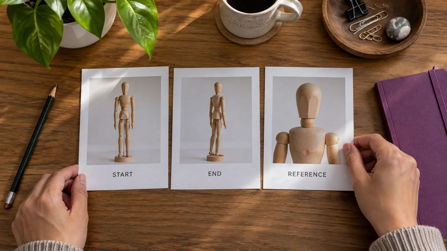 Hands arranging START, END, and REFERENCE cards showing wooden mannequin studies on a desk beside a purple notebook.