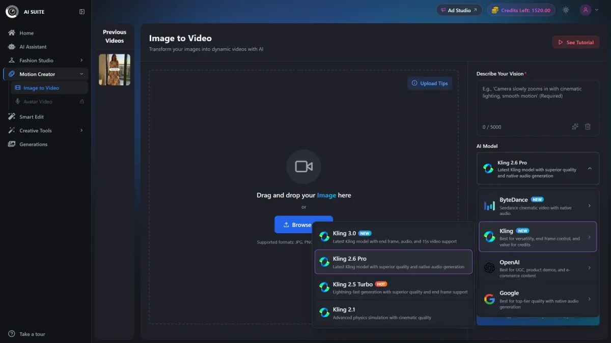 CamClo AI Image to Video interface with image upload, prompt field, and model menu listing Kling 3.0.