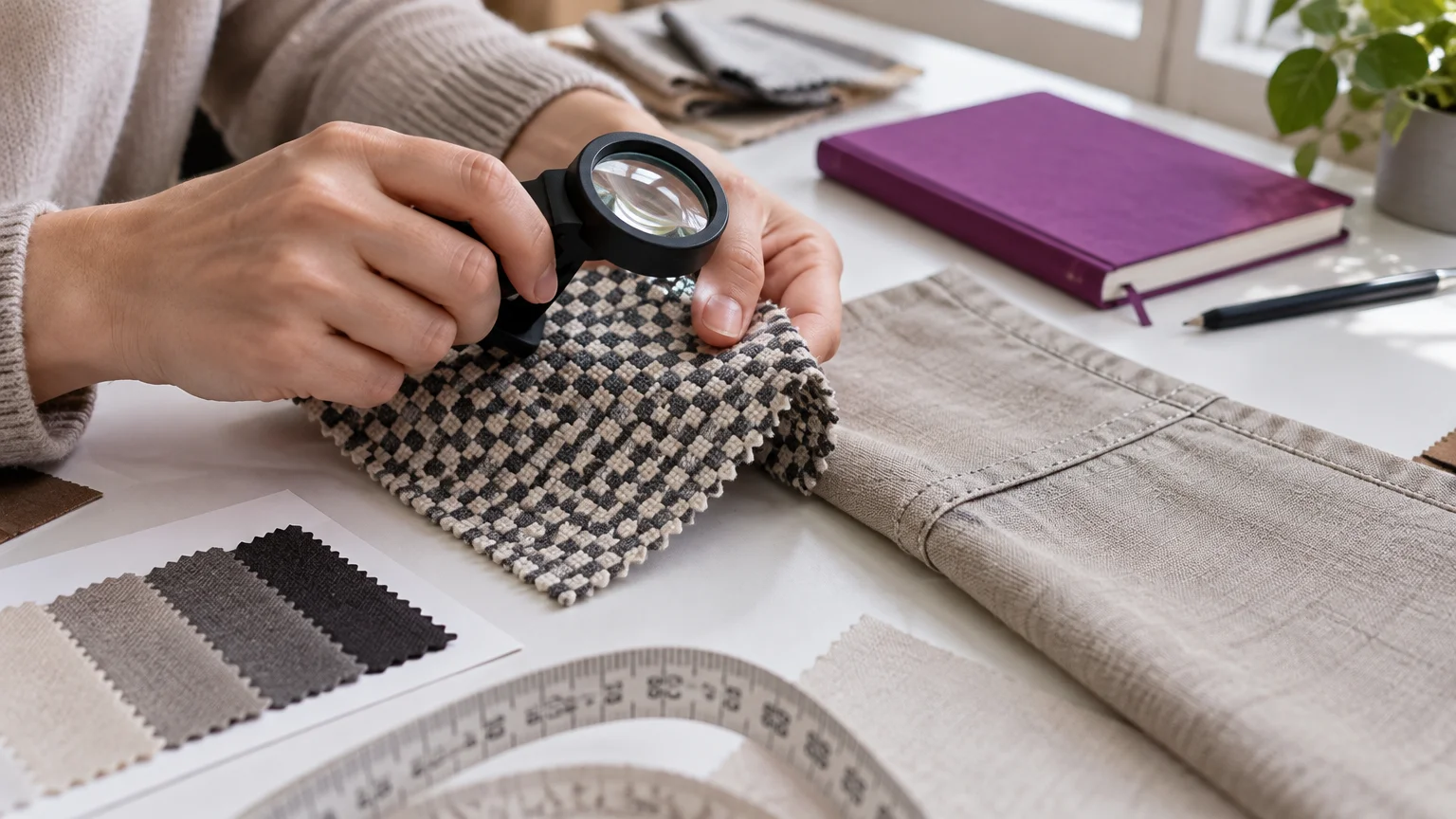 Hands inspecting checker-pattern fabric with a magnifier beside neutral swatches, a stitched seam and measuring tape.