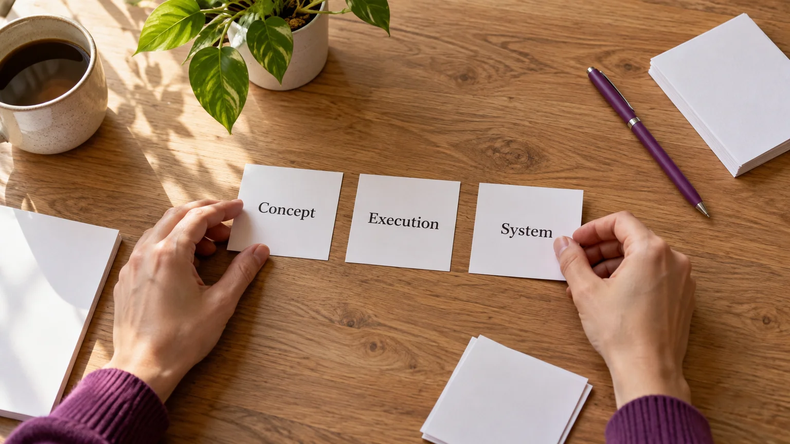 Hands arranging cards labeled Concept, Execution and System on a wooden desk beside a purple pen and blank notes.