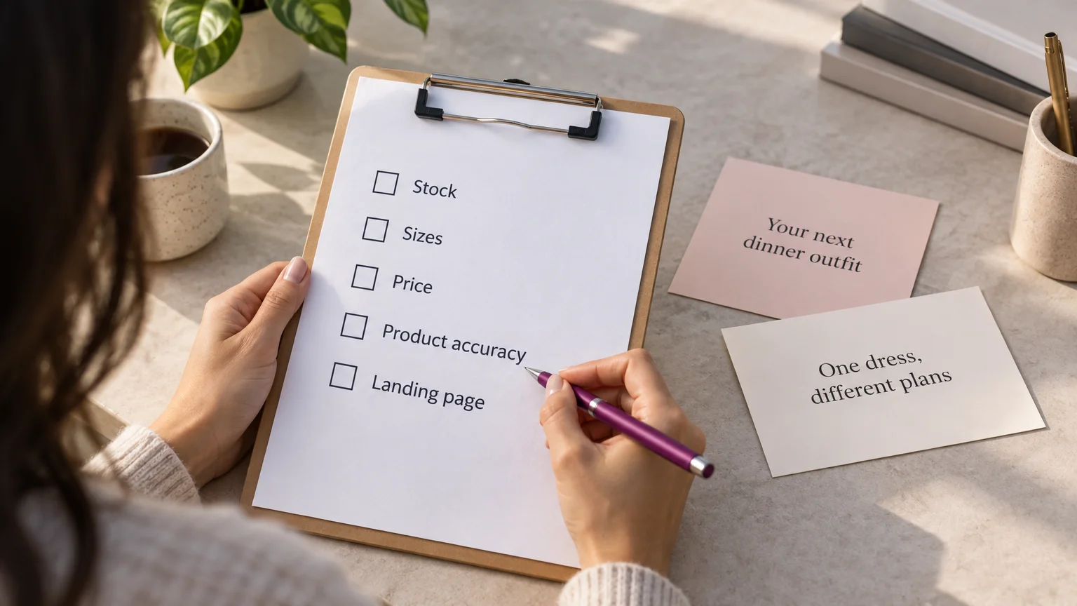 Hands review a fashion advertising checklist beside cards reading “Your next dinner outfit” and “One dress, different plans”.