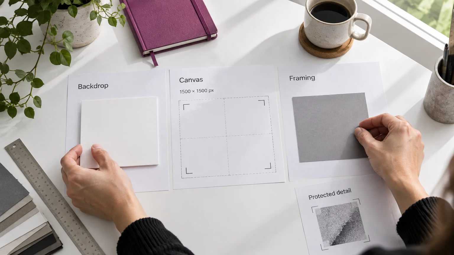 Hands arranging catalog planning sheets with square crop guides, a gray card and a white background sample.