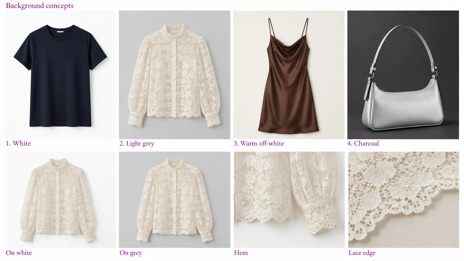 Four fashion products on neutral backgrounds, with cream lace blouse comparisons and close-ups of its hem and lace edge.