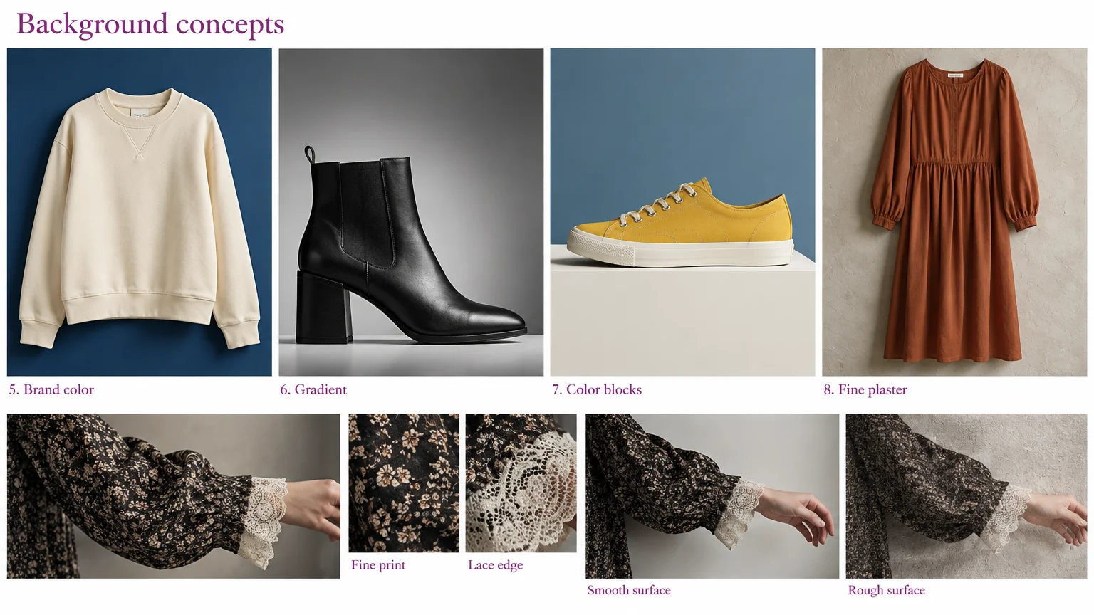 Four fashion photography background concepts, plus floral blouse and lace cuff details against smooth and rough surfaces.