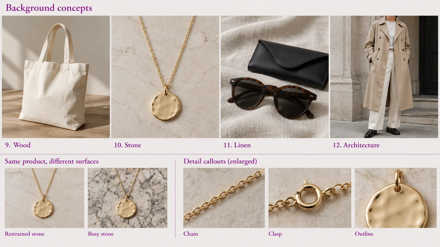 Fashion products on wood, stone and linen, a model at a stone doorway, and pendant background comparisons with detail close-ups.