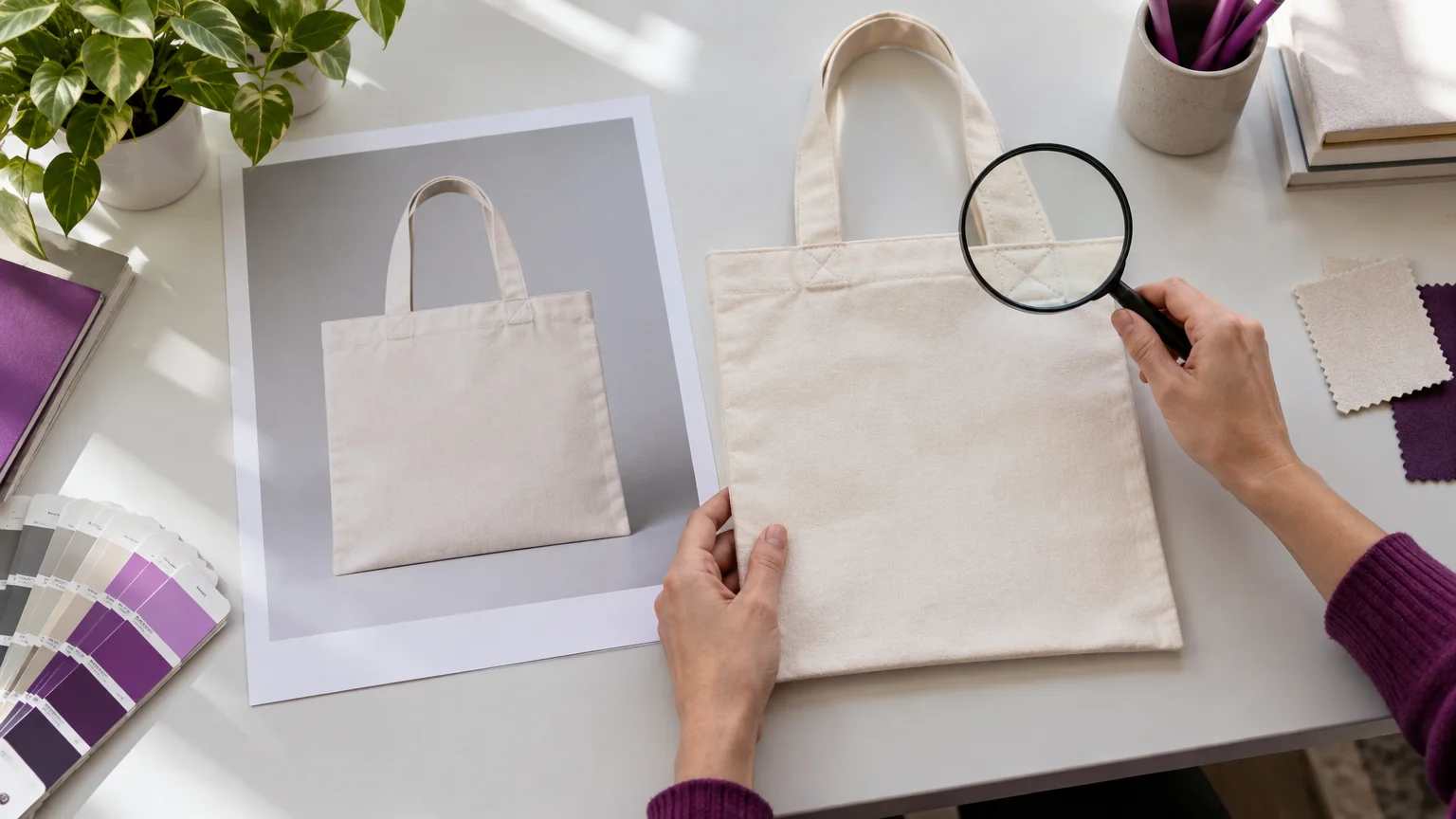 Hands inspecting a canvas tote's handle with a magnifying glass beside a printed product photo on a worktable.