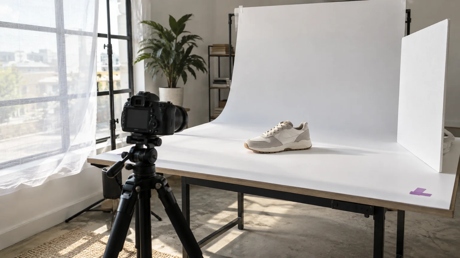 Sneaker photography setup with a diffused window on the left, white reflector on the right and tripod-mounted camera.