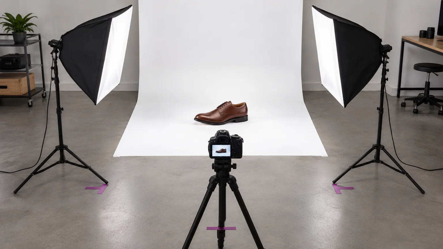 Brown leather shoe on a white sweep, with two softbox lights and a tripod-mounted camera centered in front.