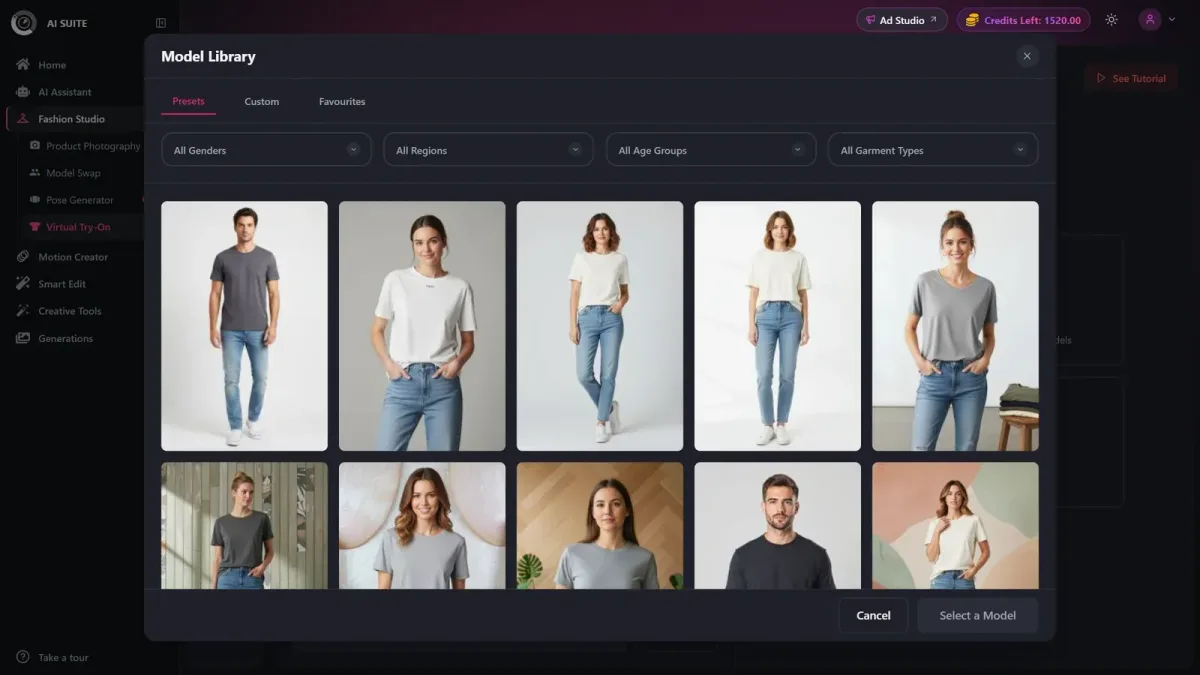CamClo AI Model Library showing model presets and filters for selecting a model in the Virtual Try-On workflow.