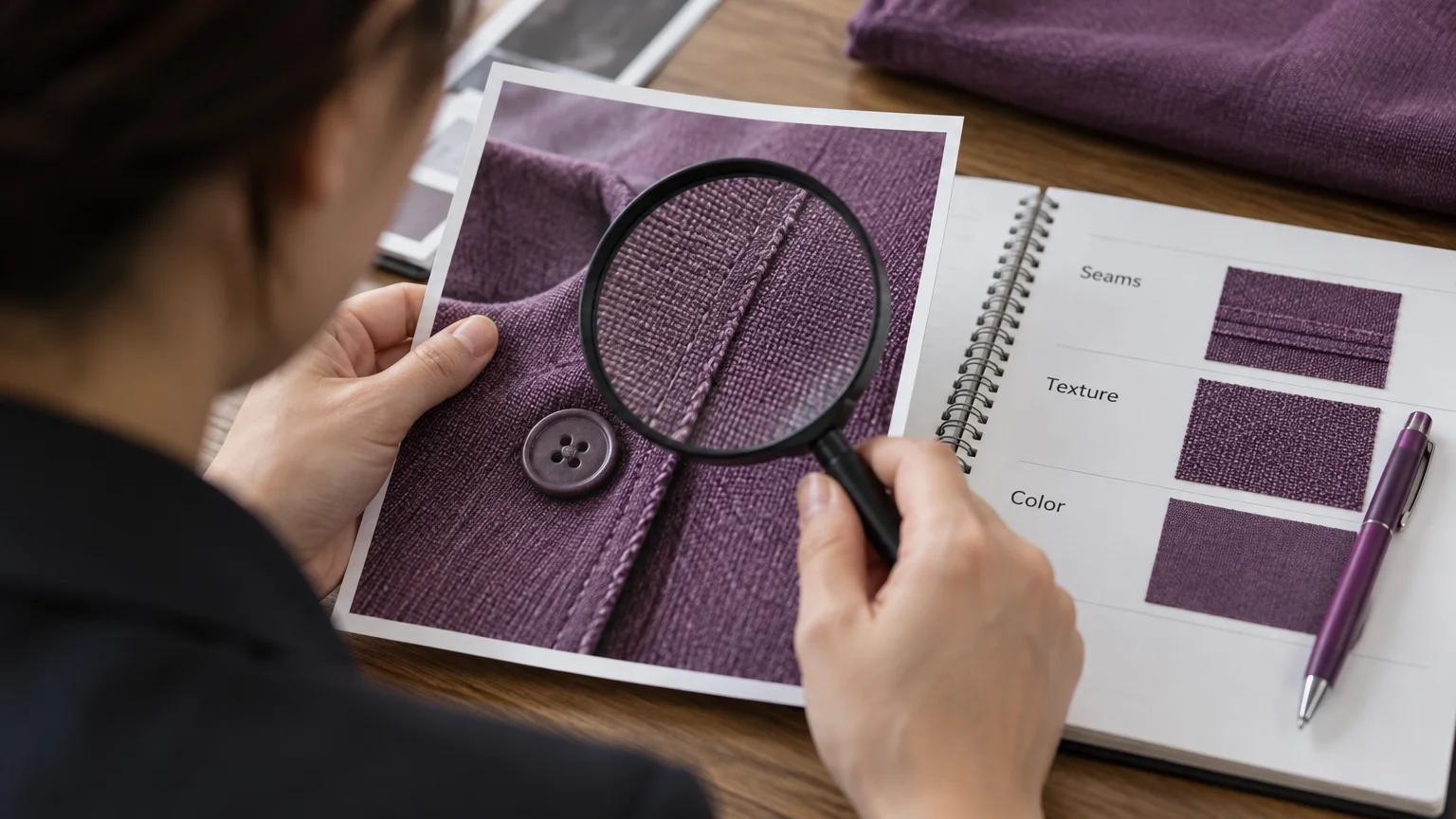 Person inspecting a printed garment detail with a magnifying glass beside purple fabric samples and a checklist.
