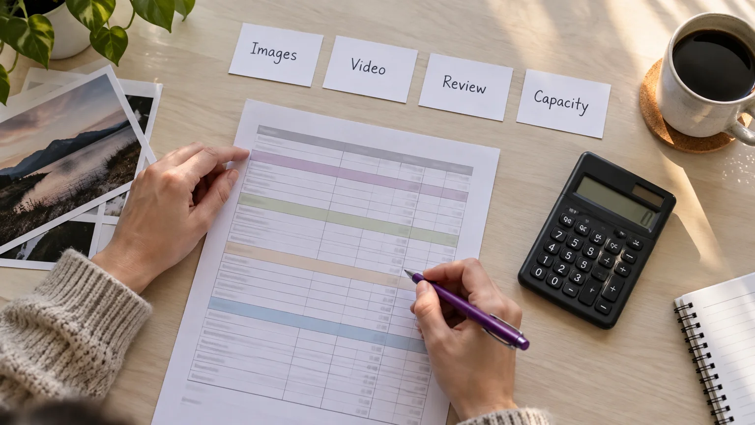 Hands budgeting with a worksheet, calculator and purple pen beneath cards labeled Images, Video, Review and Capacity.