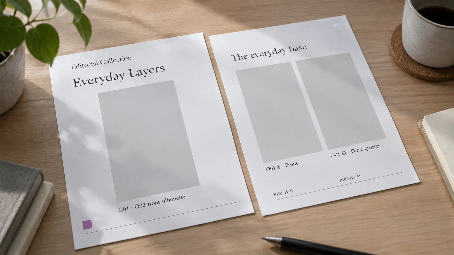 Two printed fashion lookbook proofs on a wooden desk, with a cover image placeholder, paired outfit slots and SKU references.