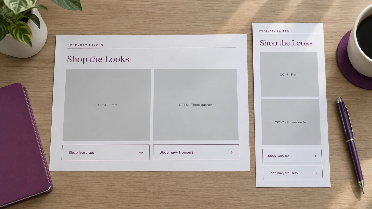 Paper fashion lookbook previews showing side-by-side desktop image placeholders and a stacked mobile shopping layout.