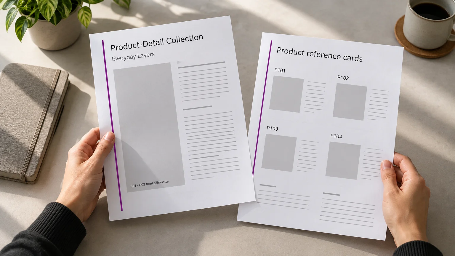 Hands review two fashion lookbook proofs with a collection cover and four labeled product-reference cards on a desk.