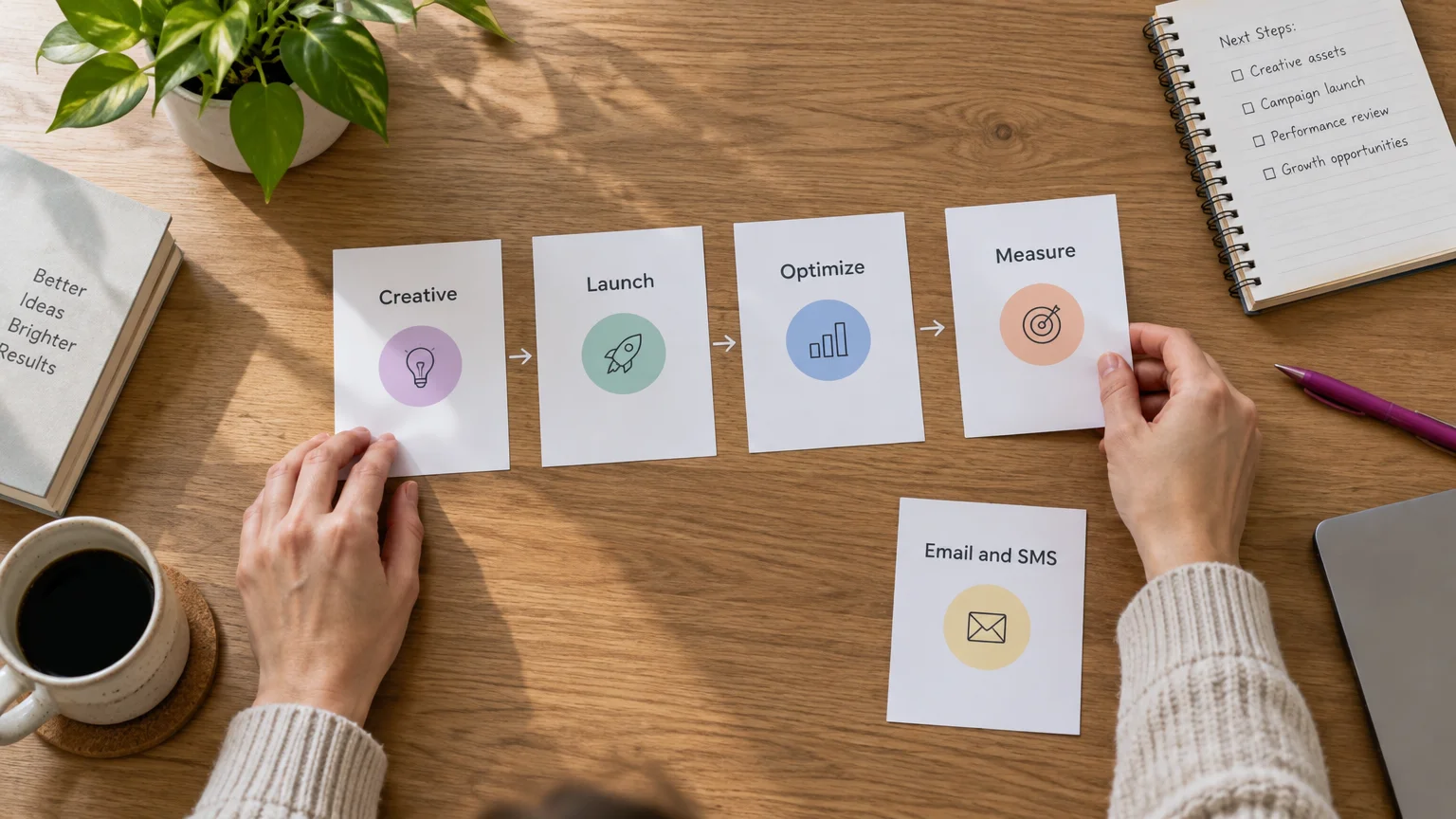 Hands arranging Creative, Launch, Optimize and Measure workflow cards, with Email and SMS on a separate card.