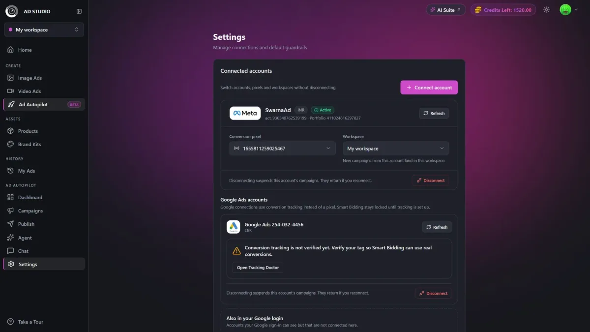 CamClo AI Ad Autopilot settings with Meta and Google Ads connections, a conversion-tracking warning and disconnect controls