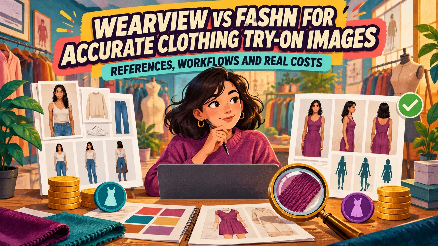 Illustrated fashion-image review workflow comparing references, model consistency and accepted-image costs