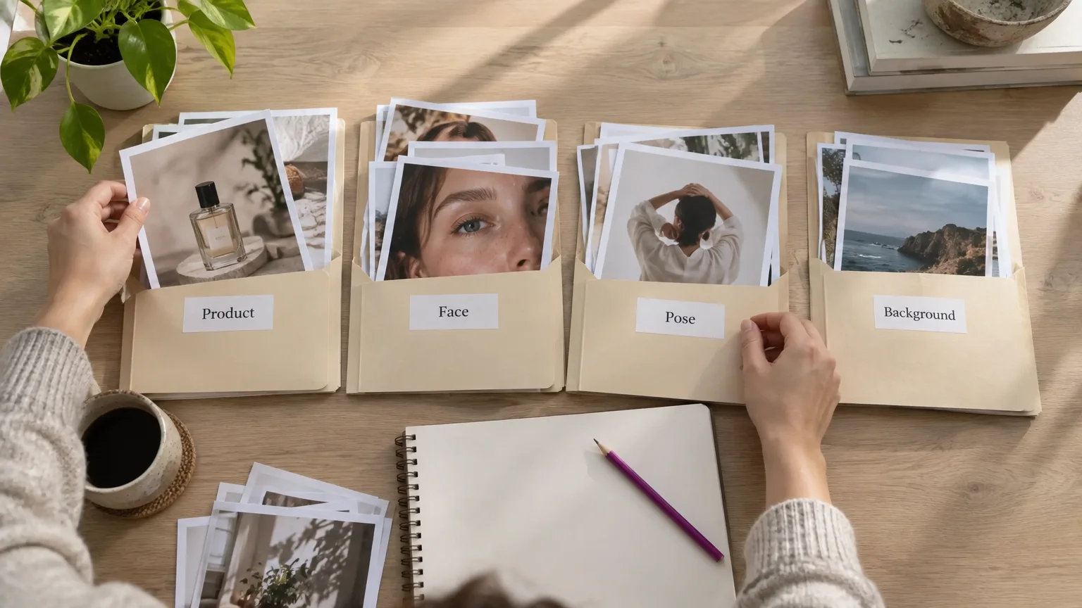 Hands organizing photo references into folders labeled Product, Face, Pose and Background beside a blank notebook.