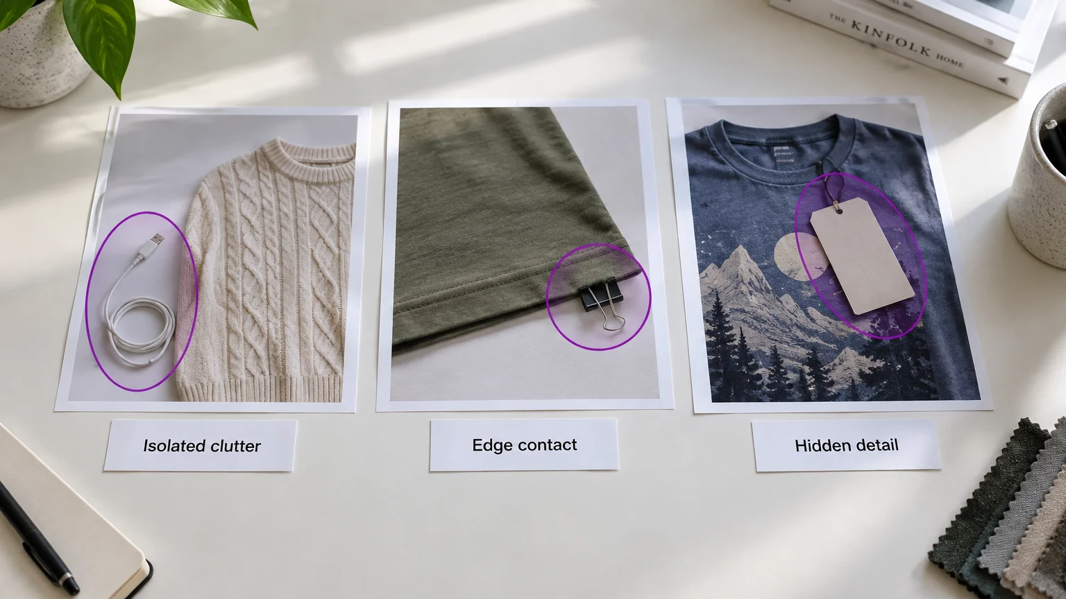 Three garment-photo prints show a separate cable, a clip touching a hem and a tag hiding part of a T-shirt design.