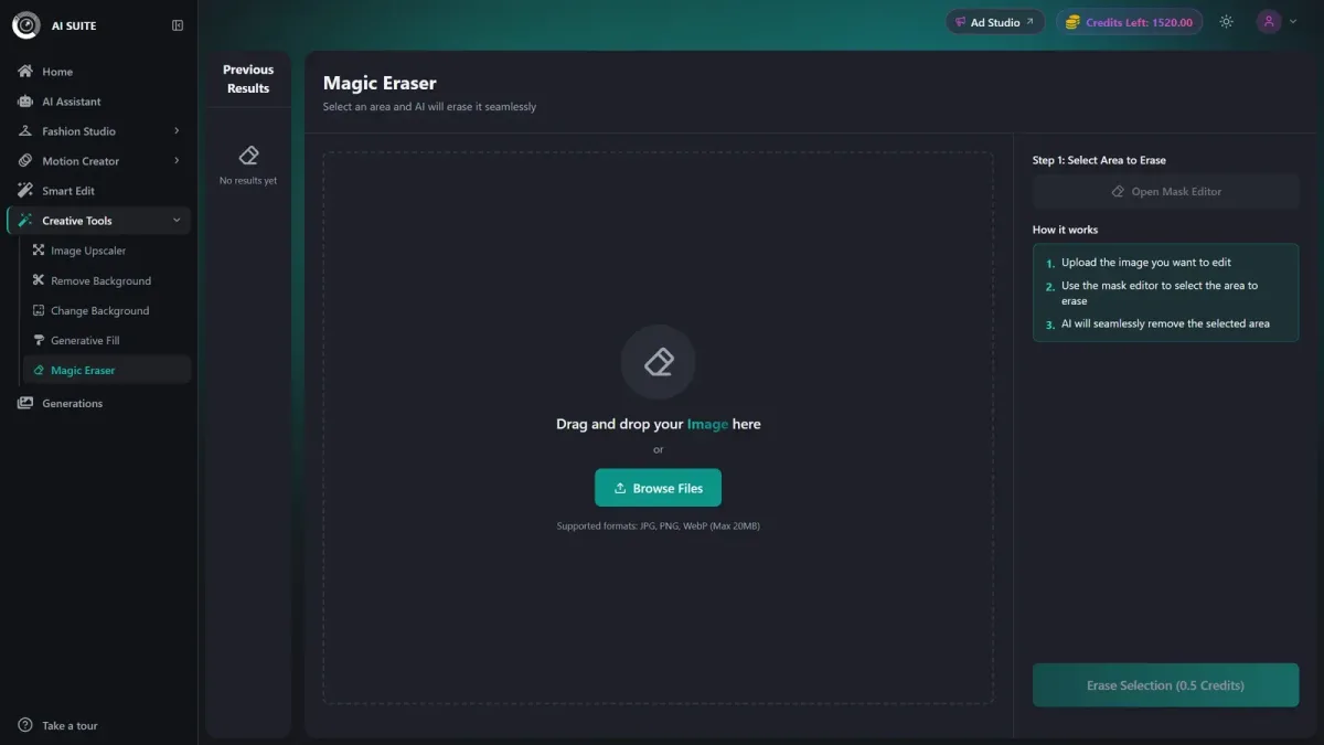 CamClo Magic Eraser editor showing image upload, mask selection instructions, and a 0.5-credit erase button.