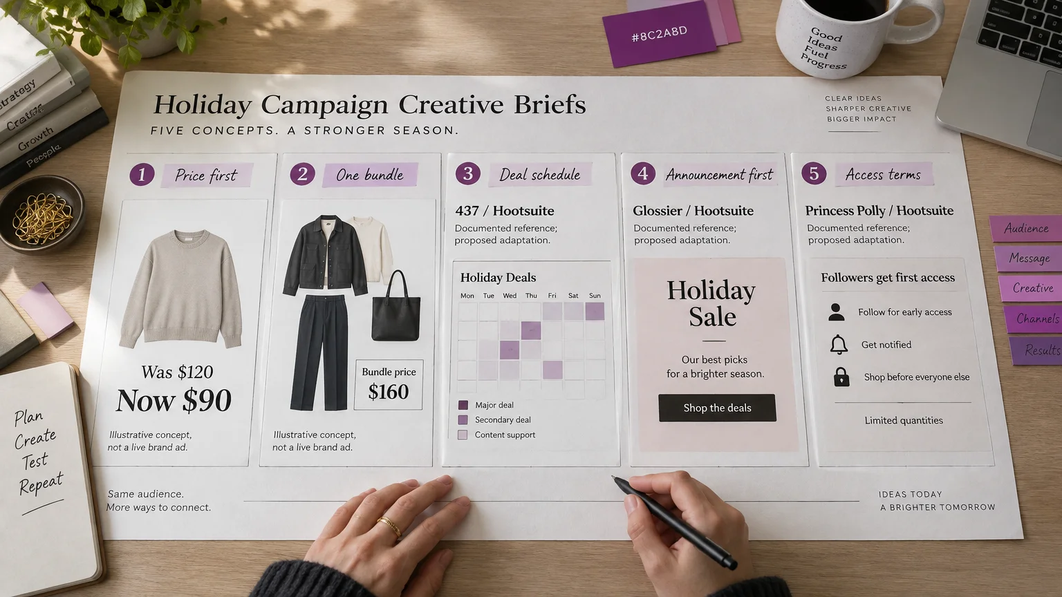 Hands beside five paper ad briefs showing sale prices, an outfit bundle, a deal calendar, a sale announcement and early access.