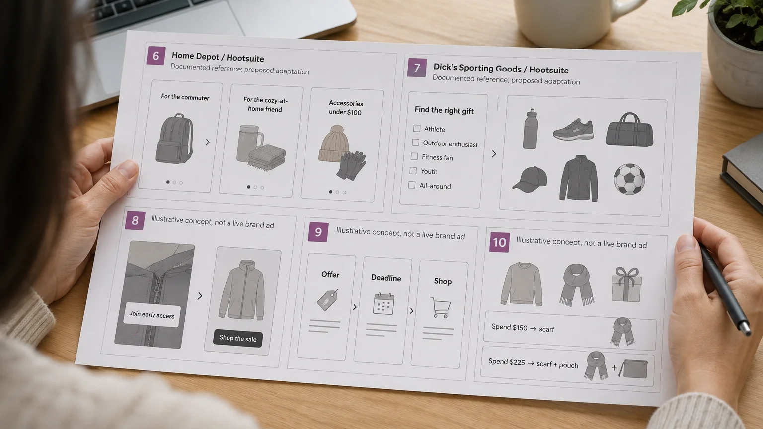 Hands reviewing five paper ad storyboards for gift carousels, shopping lists, early access, countdowns and tiered gifts.