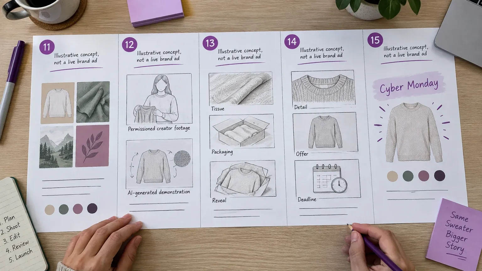 Hands beside five fashion ad storyboards showing creator footage, unboxing, sweater offers and a Cyber Monday refresh.