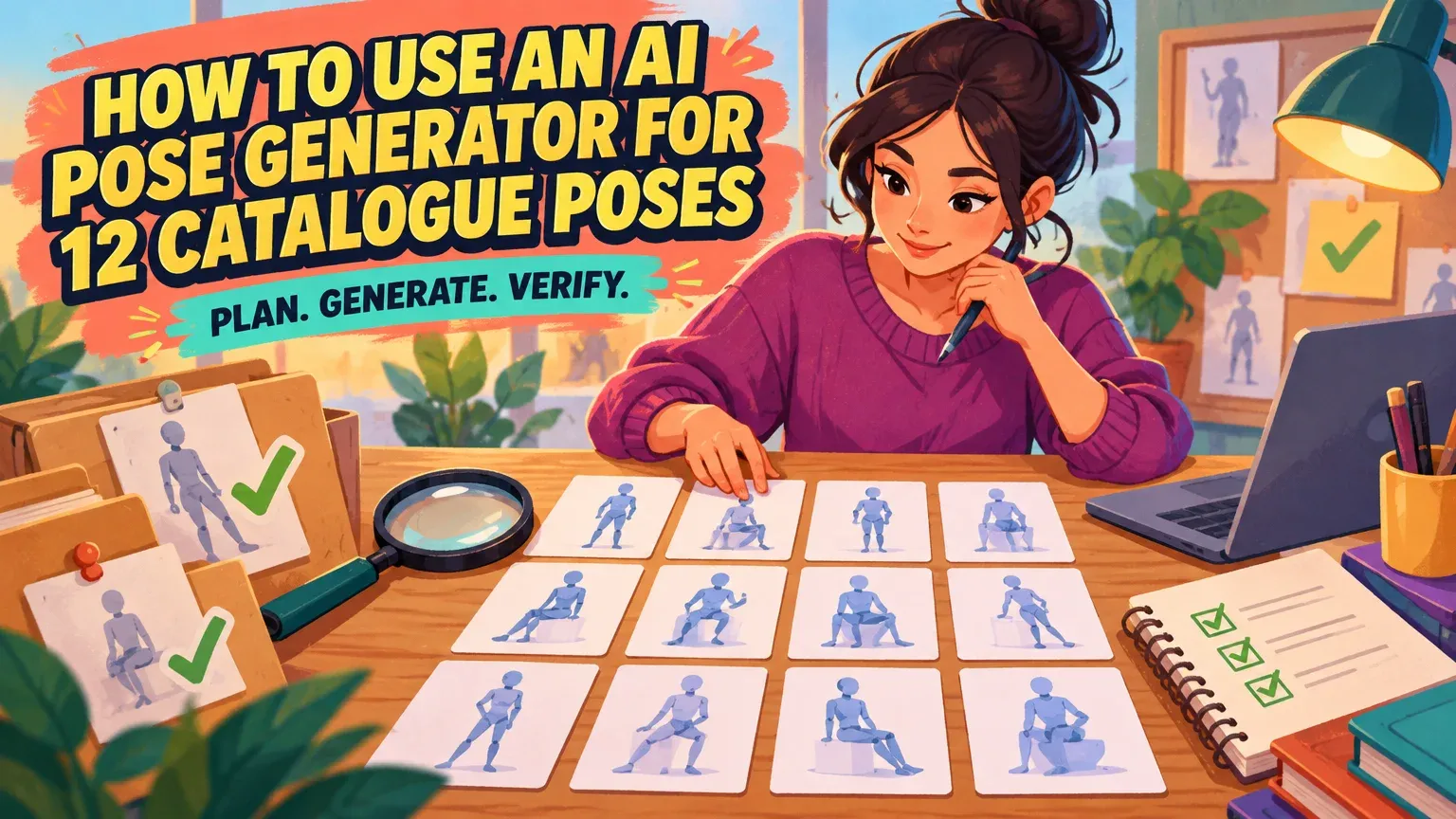 Illustrated catalogue planner organizing twelve pose-reference cards with verification and budgeting tools