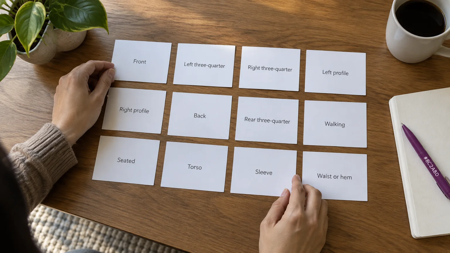 Hands arranging twelve labeled catalogue-view cards in a grid on a wooden desk beside a notebook and purple pen.
