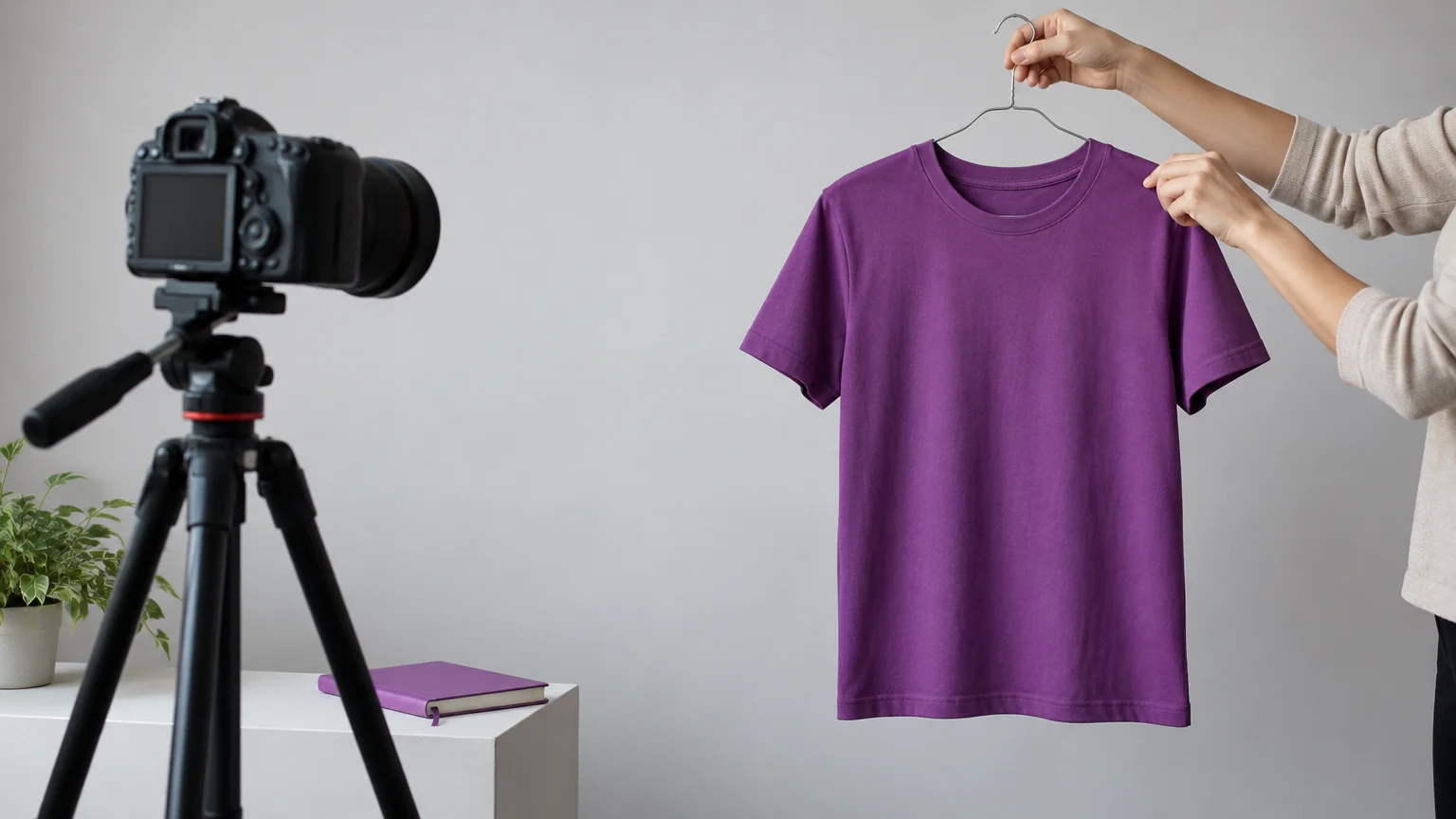 Hands arrange a purple T-shirt on a wire hanger against a gray backdrop, with a camera on a tripod in the foreground.