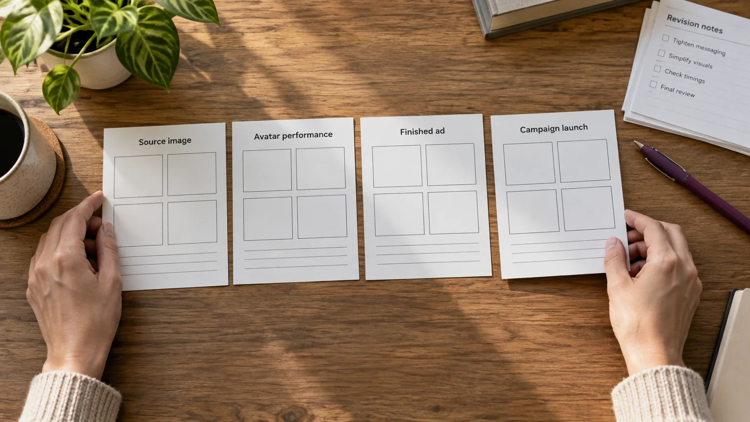 Hands arranging storyboard cards labeled Source image, Avatar performance, Finished ad, and Campaign launch on a wooden desk.