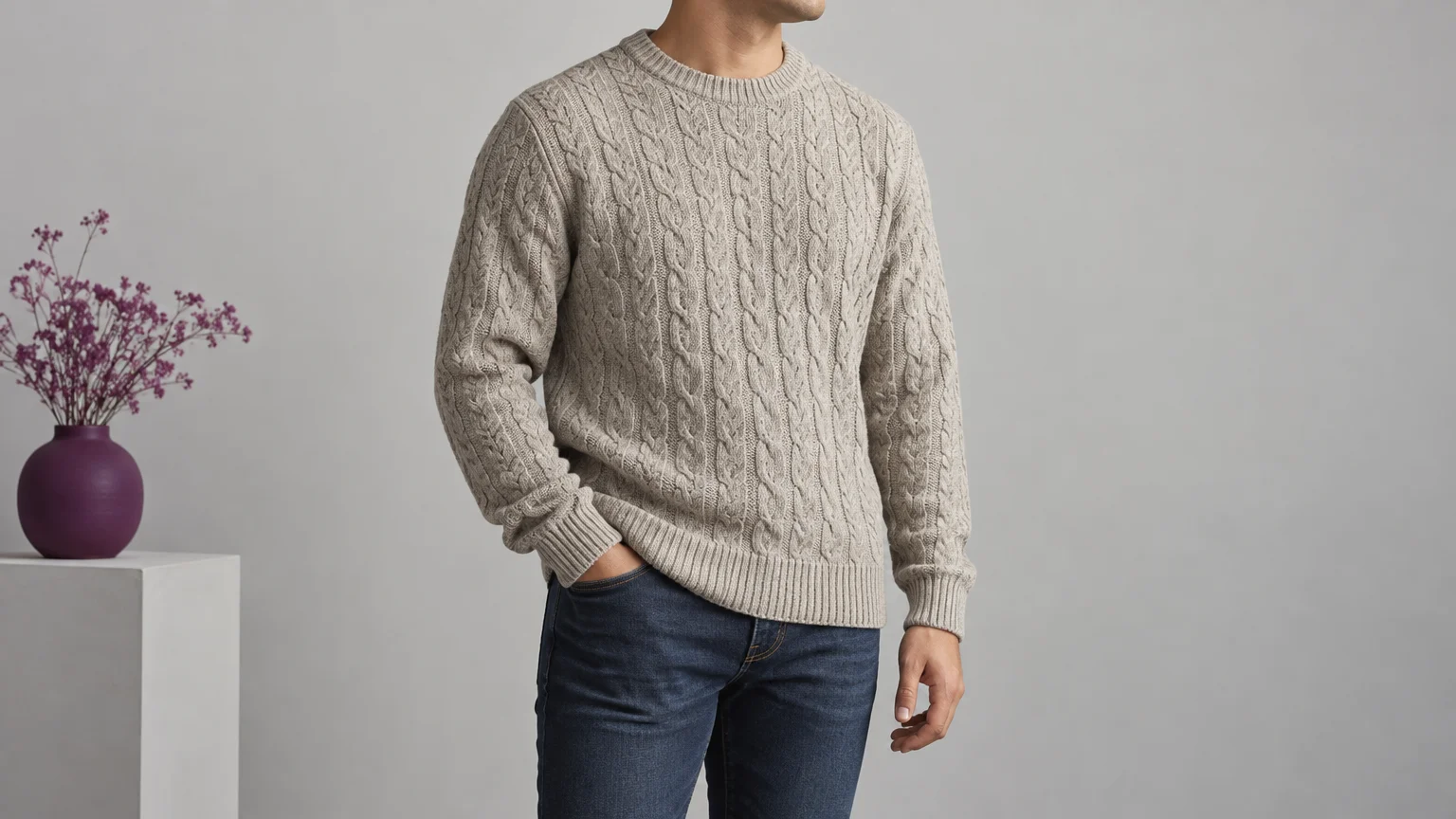 Adult wearing an oatmeal-gray cable-knit sweater and dark jeans, showing sleeve drape and ribbed hem against a gray backdrop.