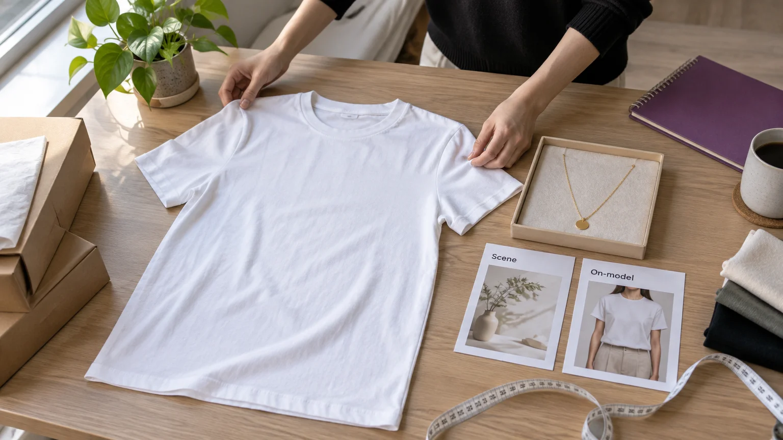 Hands arranging a white T-shirt beside a necklace, measuring tape, and cards labeled Scene and On-model.