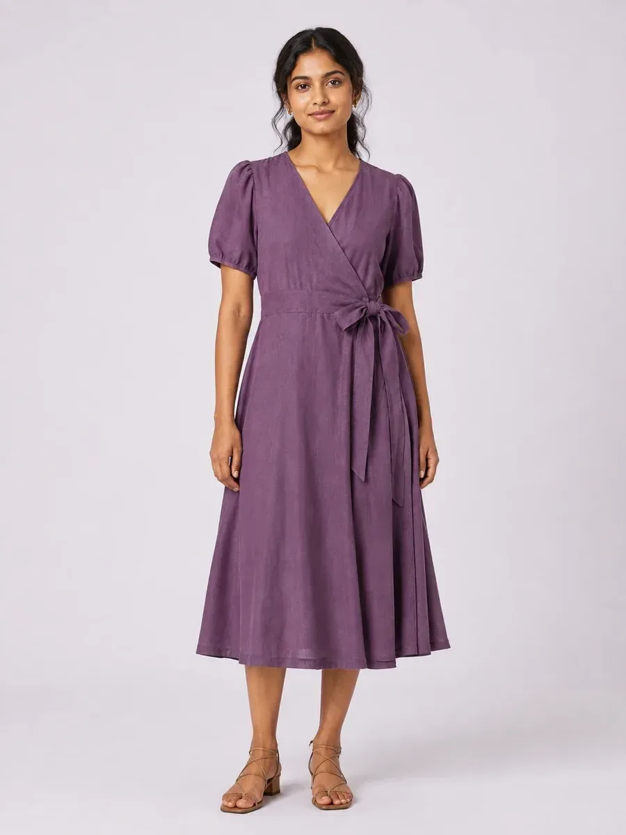 Model wearing a purple wrap midi dress with puff sleeves and a waist tie, paired with tan sandals.