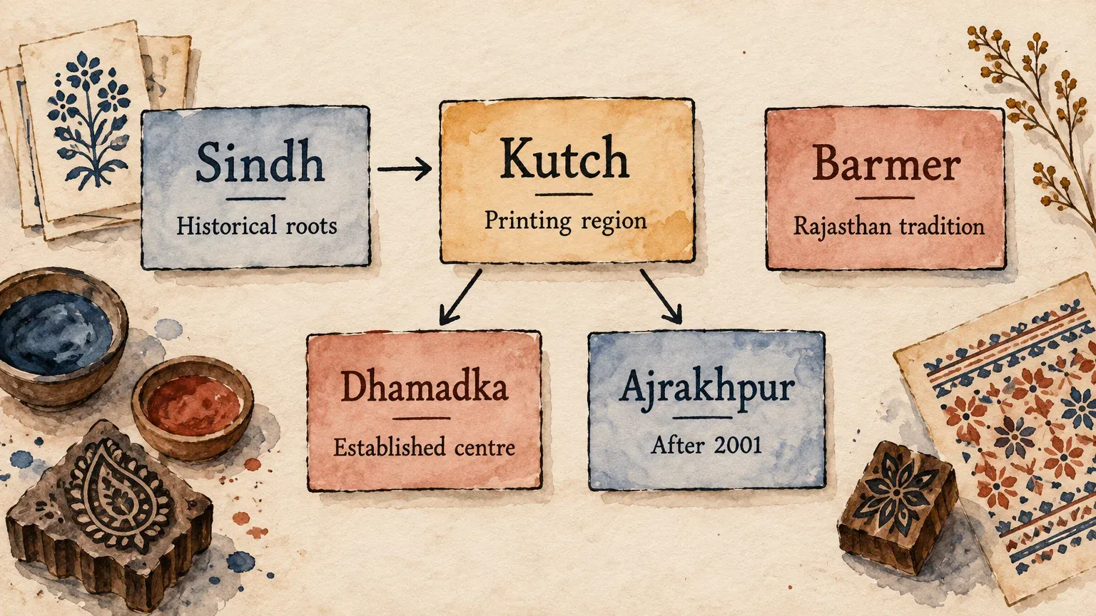 Ajrakh origins diagram linking Sindh to Kutch, then Dhamadka and Ajrakhpur, with Barmer shown separately.