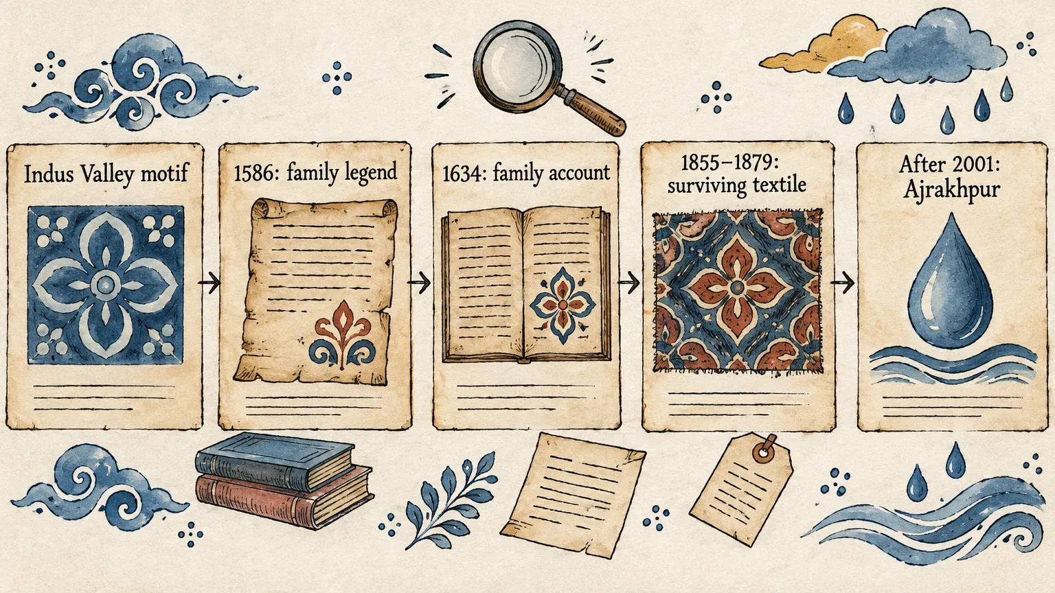 Illustrated Ajrakh timeline showing an Indus Valley motif, family accounts, a surviving textile and modern Ajrakhpur.