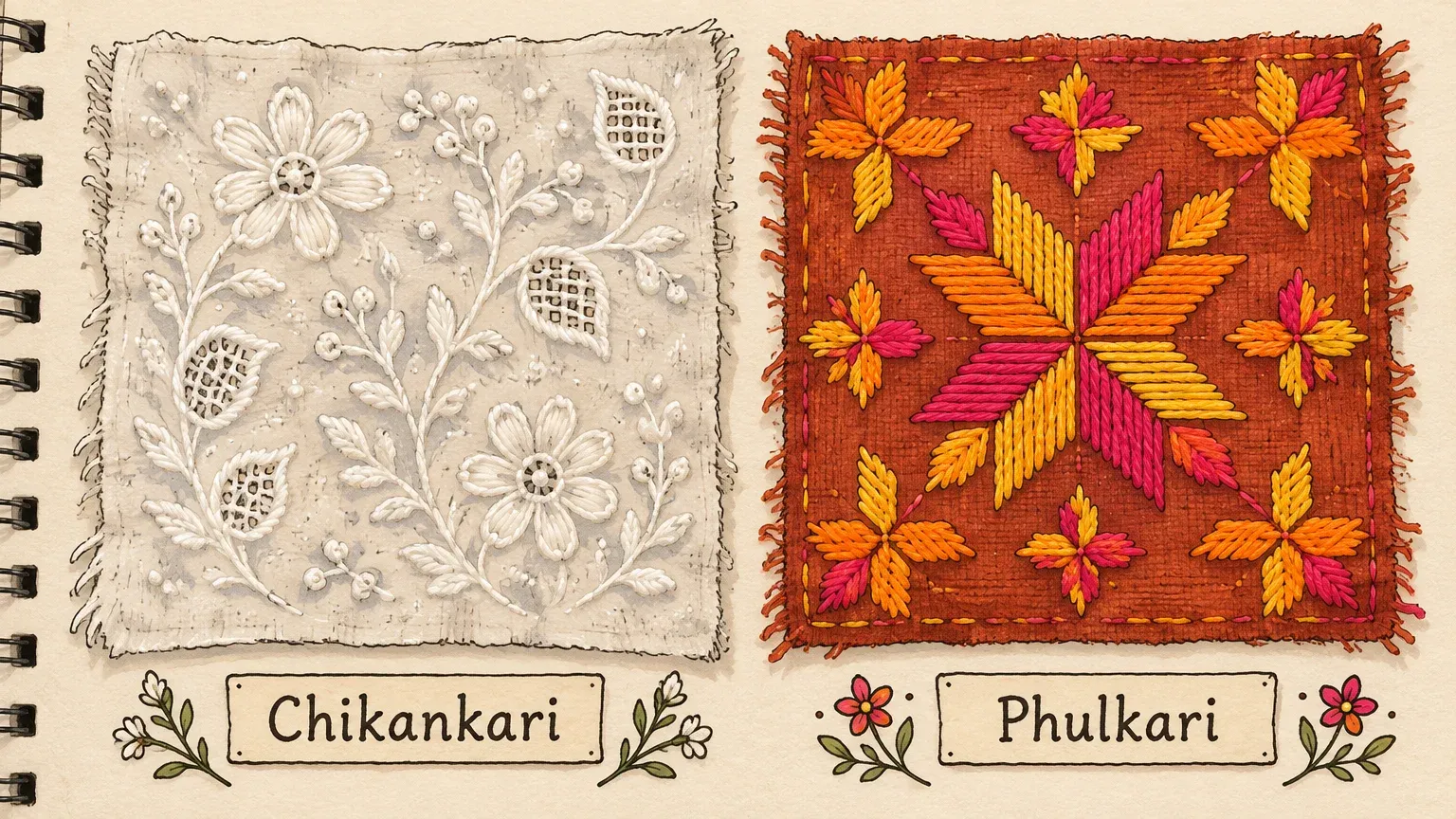 Illustrated swatches show white Chikankari floral embroidery beside pink, orange and yellow geometric Phulkari stitches.
