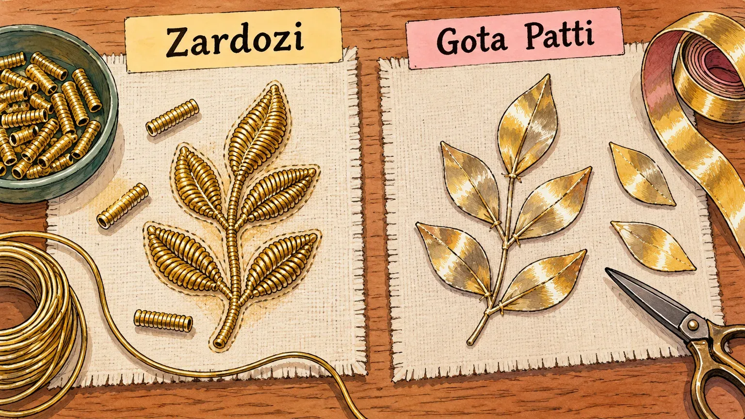Illustrated swatches compare raised gold coiled-wire Zardozi with flat metallic ribbon leaves in Gota Patti.