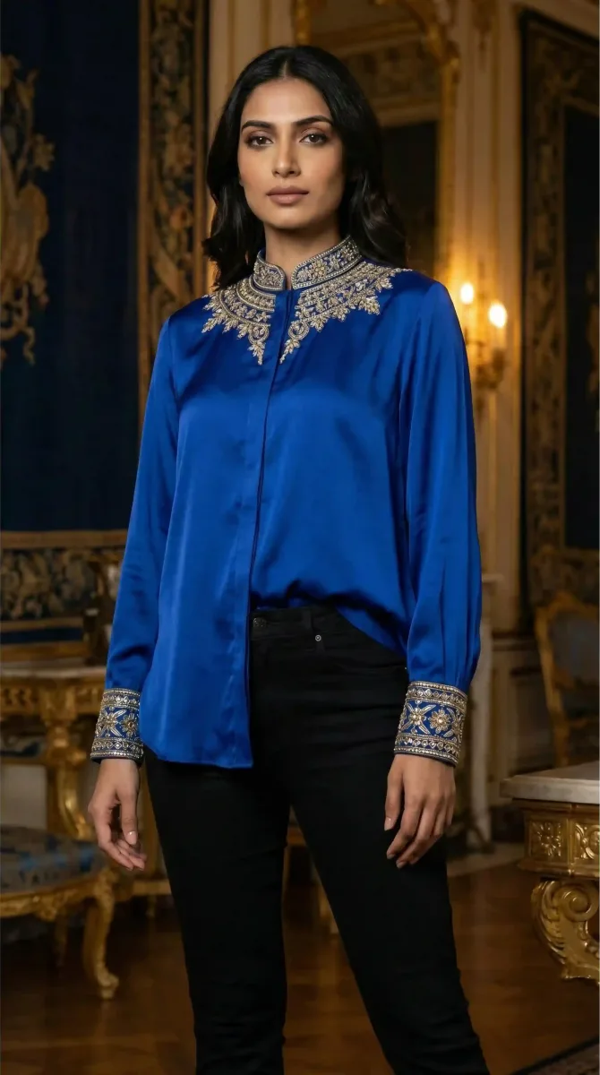 Model wearing a royal blue Swarna shirt with Zardosi embroidery at the collar, neckline and cuffs, paired with black trousers.