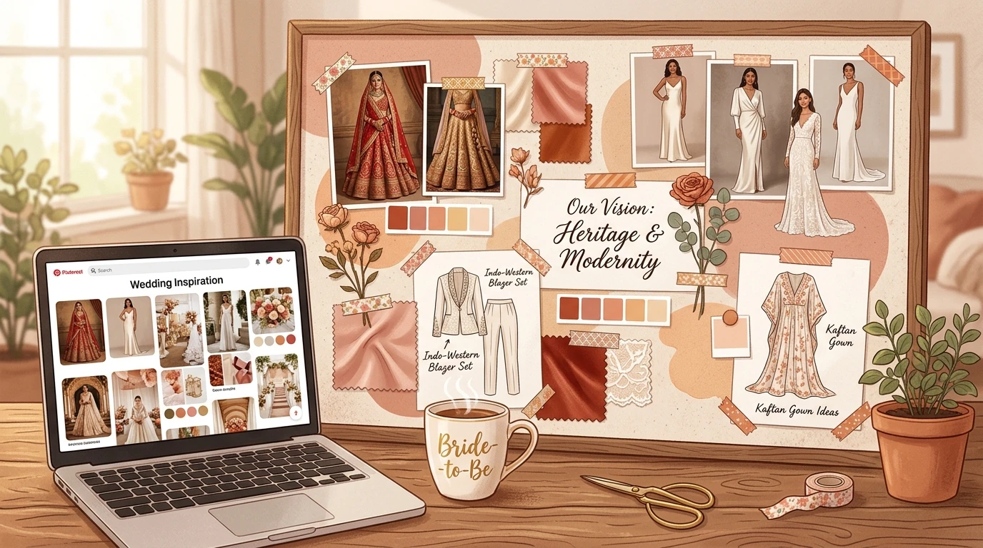 Wedding moodboard on desk with lehenga photos, Western gowns, Indo-Western sketches; laptop shows Pinterest grid.
